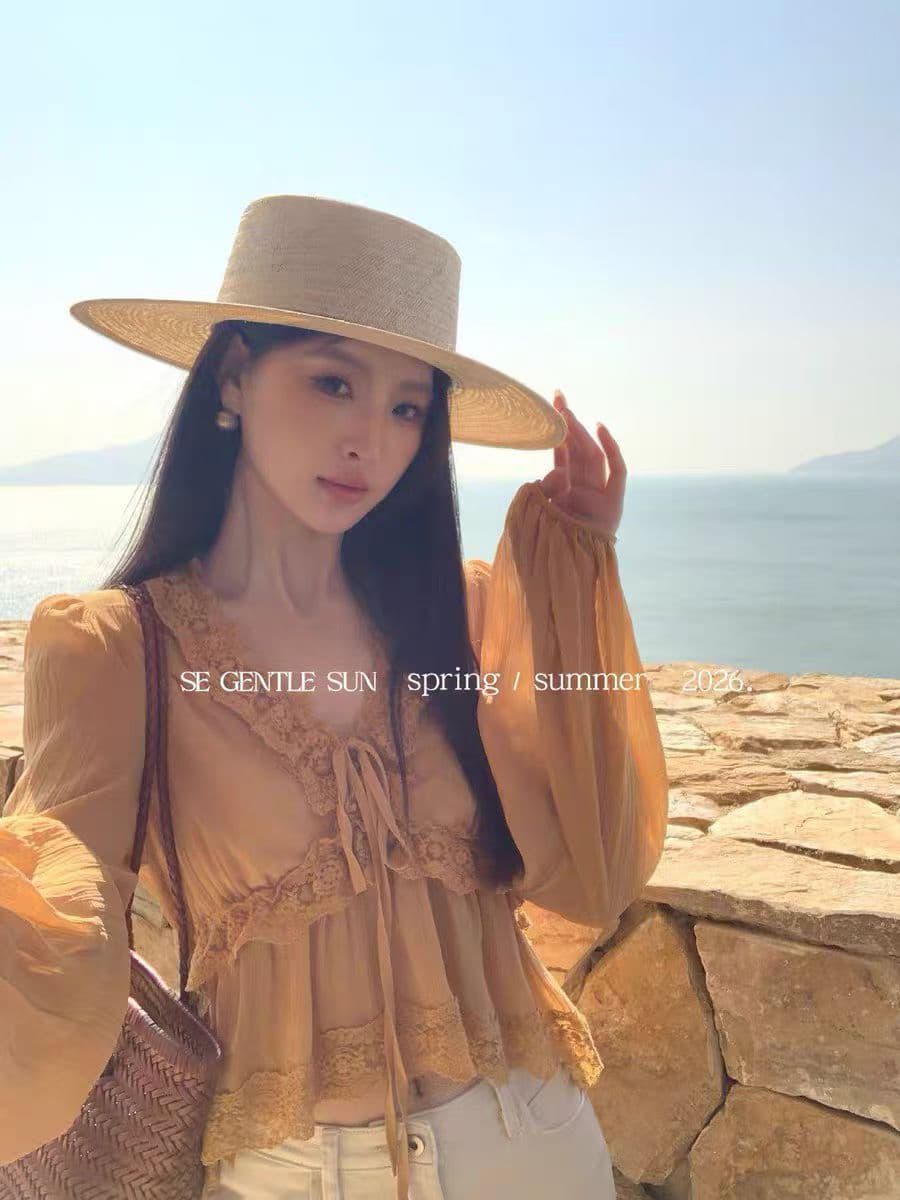 2026 새로운 프랑스식 부드러운 바람 V넥 레이스 레이스 긴팔 여성 셔츠 슬림해 보이는 레트로 품격 쇼트 스타일 맨위 상세 이미지 7
