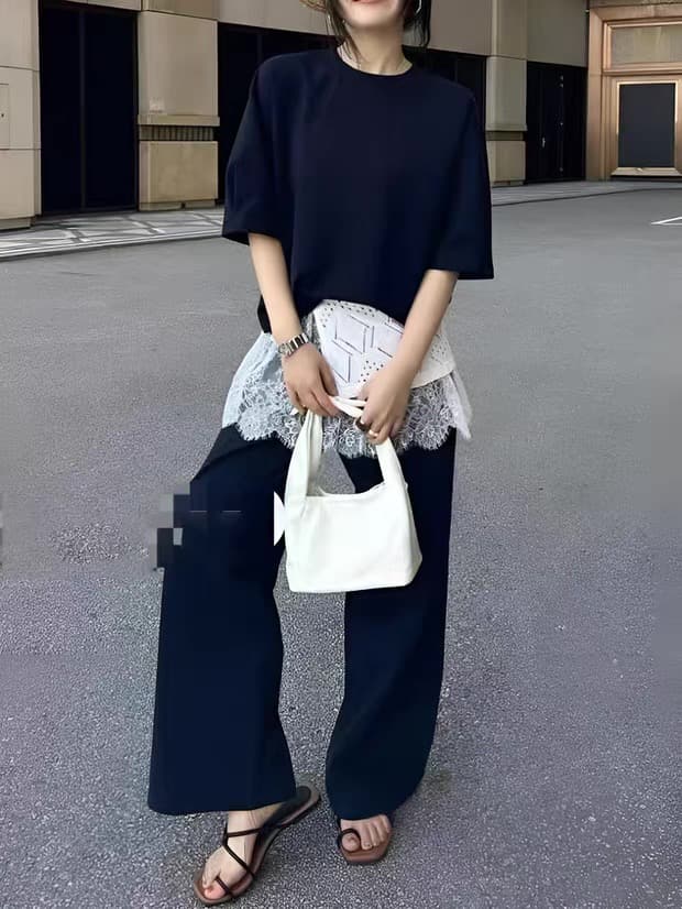 봄 여름 새로운 여성용 짧은 소매 패션 세트 레이스 치마 랩스커트팬츠 와이드 레그 팬츠 한국 스타일 슬림해 보이는 외국 가스 투피스 세트 이미지 4