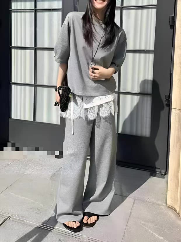 봄 여름 새로운 여성용 짧은 소매 패션 세트 레이스 치마 랩스커트팬츠 와이드 레그 팬츠 한국 스타일 슬림해 보이는 외국 가스 투피스 세트 상세 이미지 5