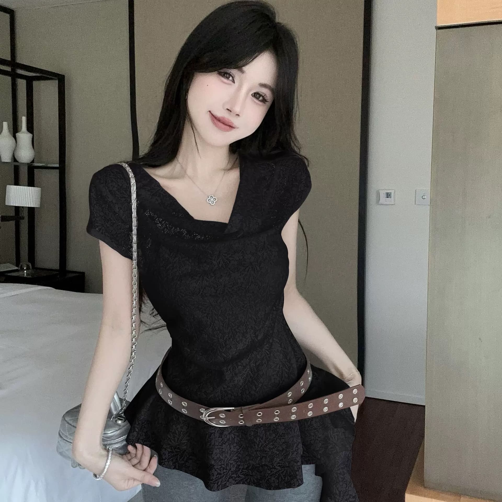 봄 불모지 바람이 아닙니다. 규칙 프릴 레이스 맨위 핫걸 착용 가져 가라. 투피스 세트 티셔츠 옷 여성 상세 이미지 5