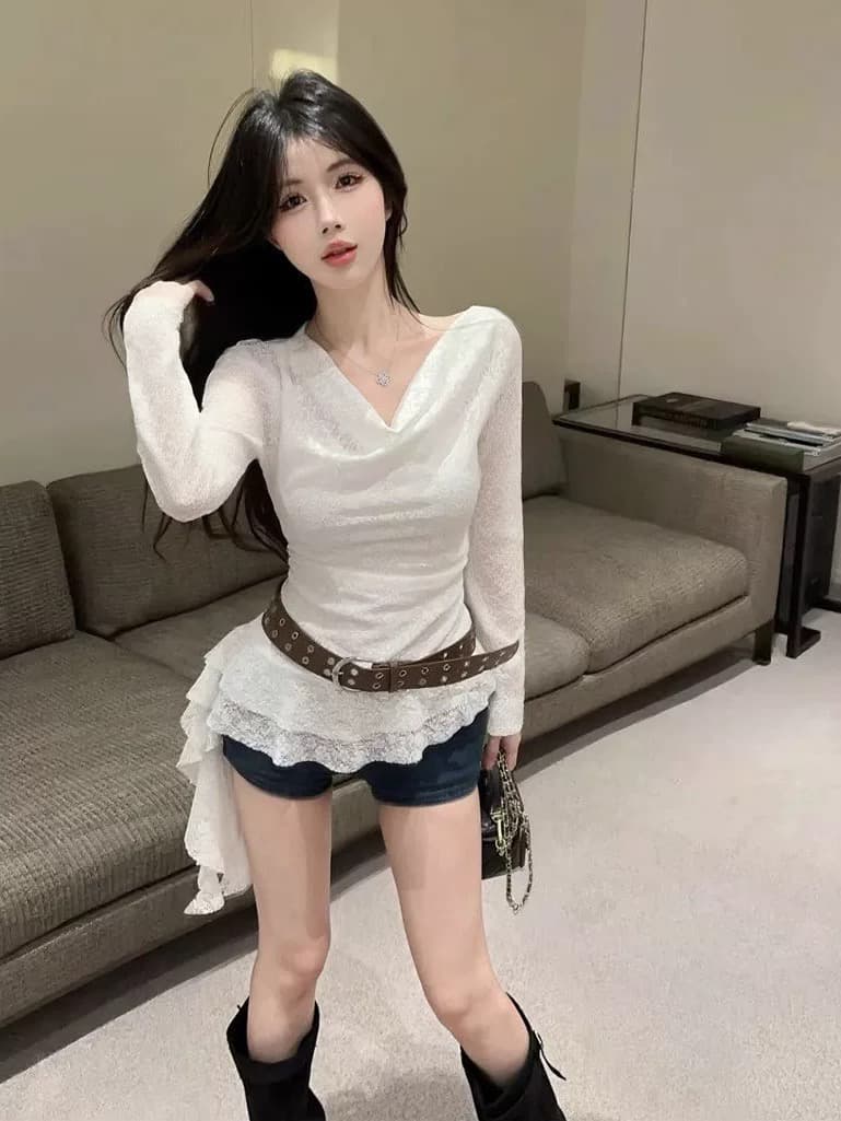 봄 불모지 바람이 아닙니다. 규칙 프릴 레이스 맨위 핫걸 착용 가져 가라. 투피스 세트 티셔츠 옷 여성 상세 이미지 6