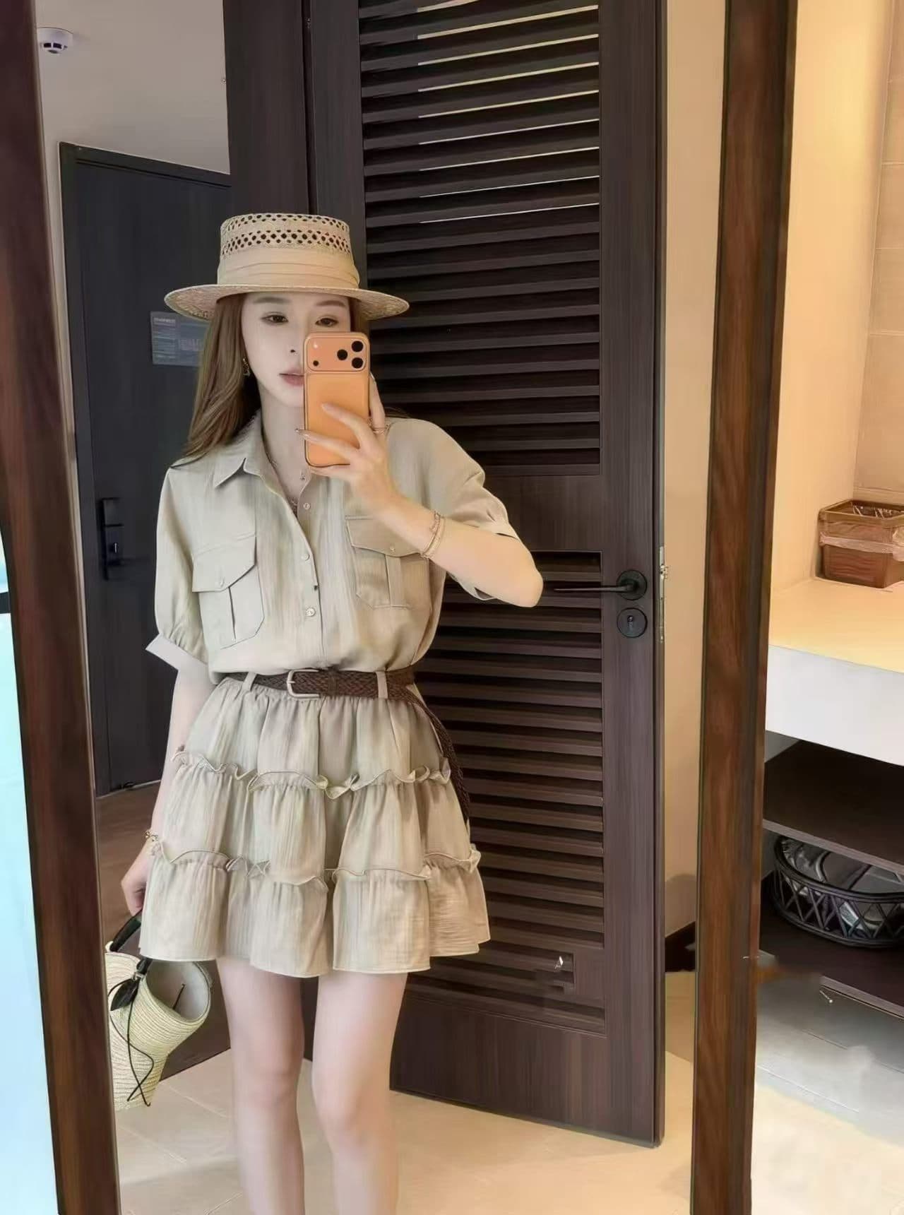 A 고기 ree 품격 POLO 칼라 반팔 셔츠 프릴 반신 스커트 느긋한 품격 세트 여름 벨트 포함