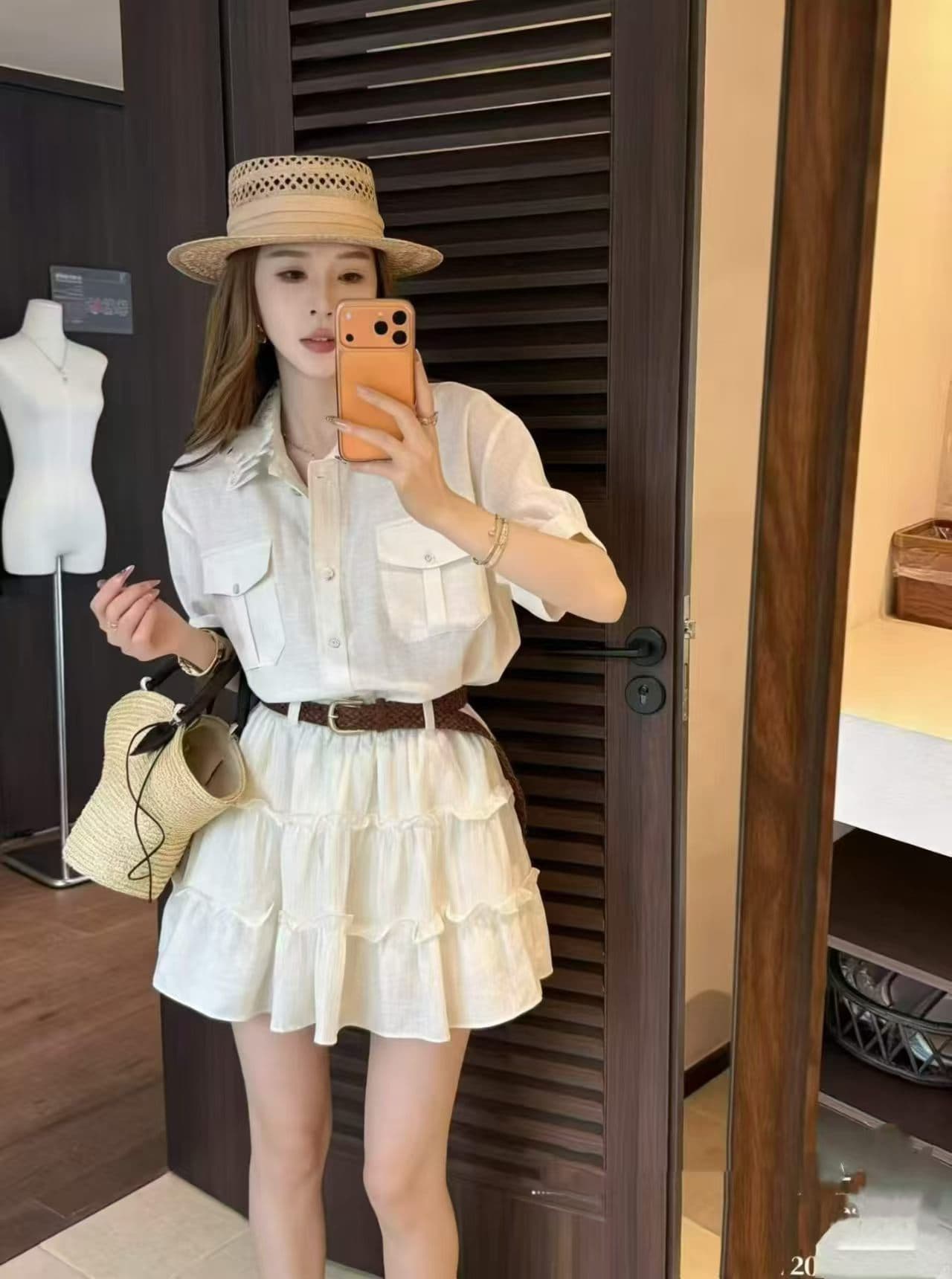 A 고기 ree 품격 POLO 칼라 반팔 셔츠 프릴 반신 스커트 느긋한 품격 세트 여름 벨트 포함 이미지 4