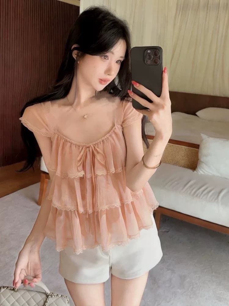 순수한 욕망 품격 광장 칼라 레이스 프릴 시폰 셔츠 여성 루즈핏 표지 고기 디자인 센스 작은 대중 아름다운 Chic 맨위 상세 이미지 5