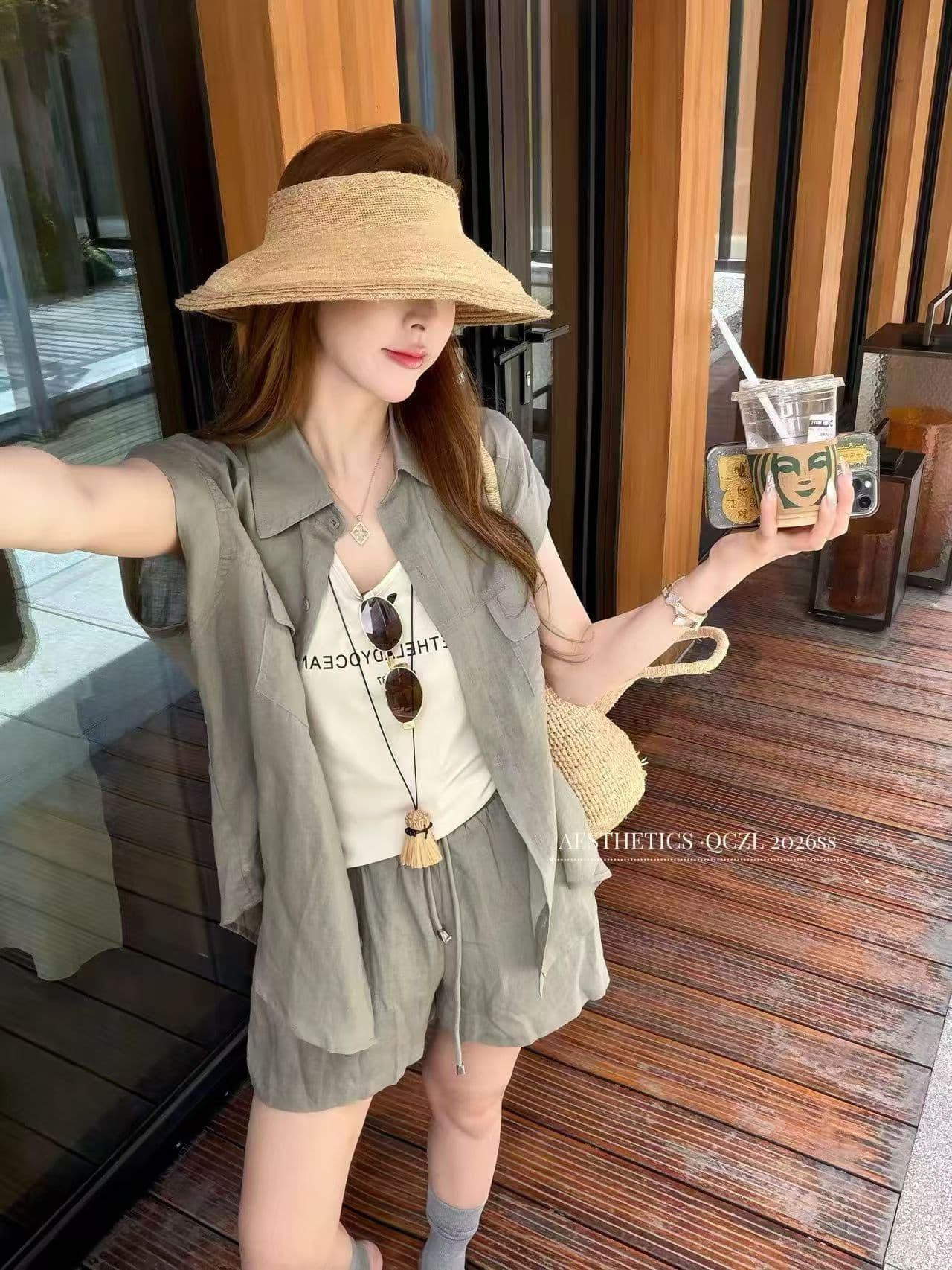 새로운 빛 요리 한 미니멀리즘 바람 느슨함 센스 루즈핏 민소매 맨위 조끼 허리밴드 반바지 3종 세트 이미지 4