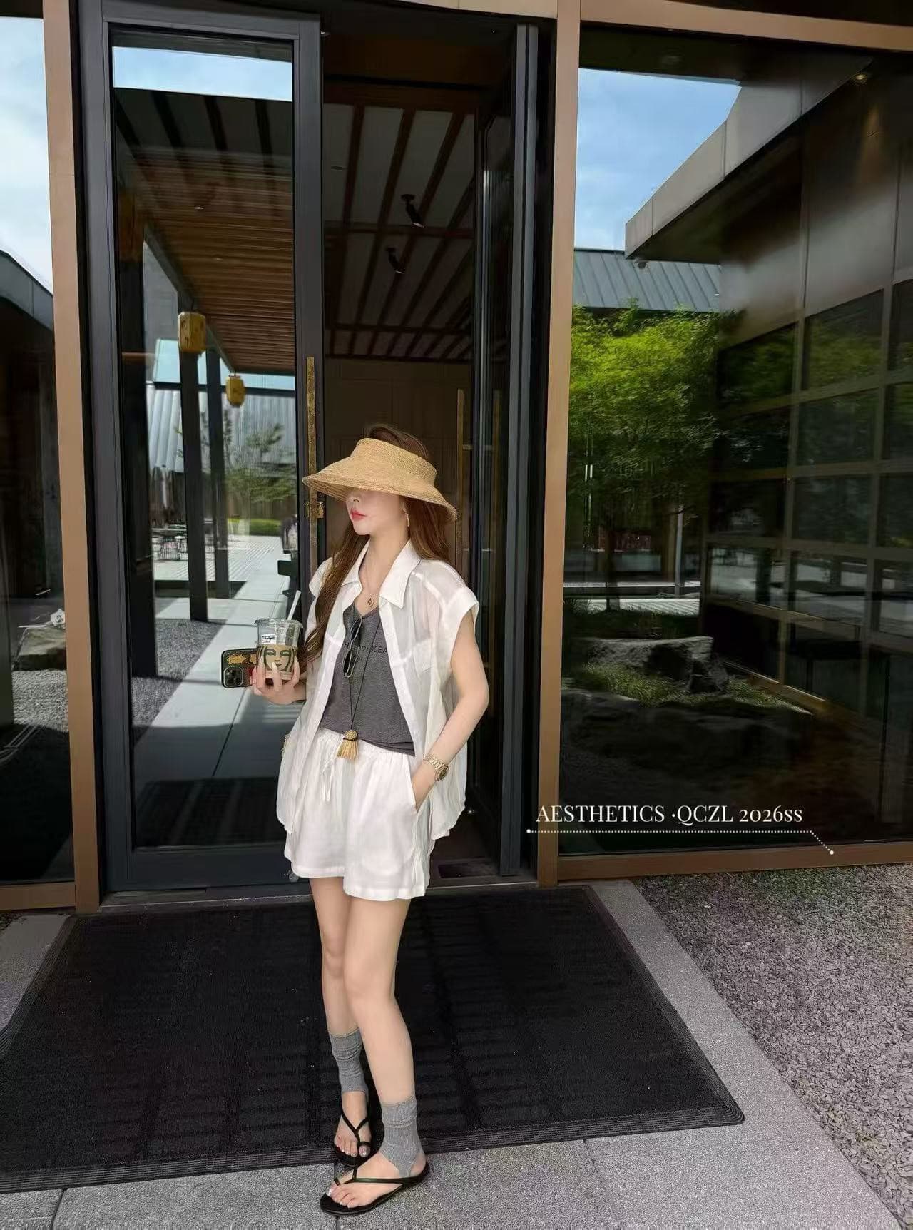 새로운 빛 요리 한 미니멀리즘 바람 느슨함 센스 루즈핏 민소매 맨위 조끼 허리밴드 반바지 3종 세트 상세 이미지 4