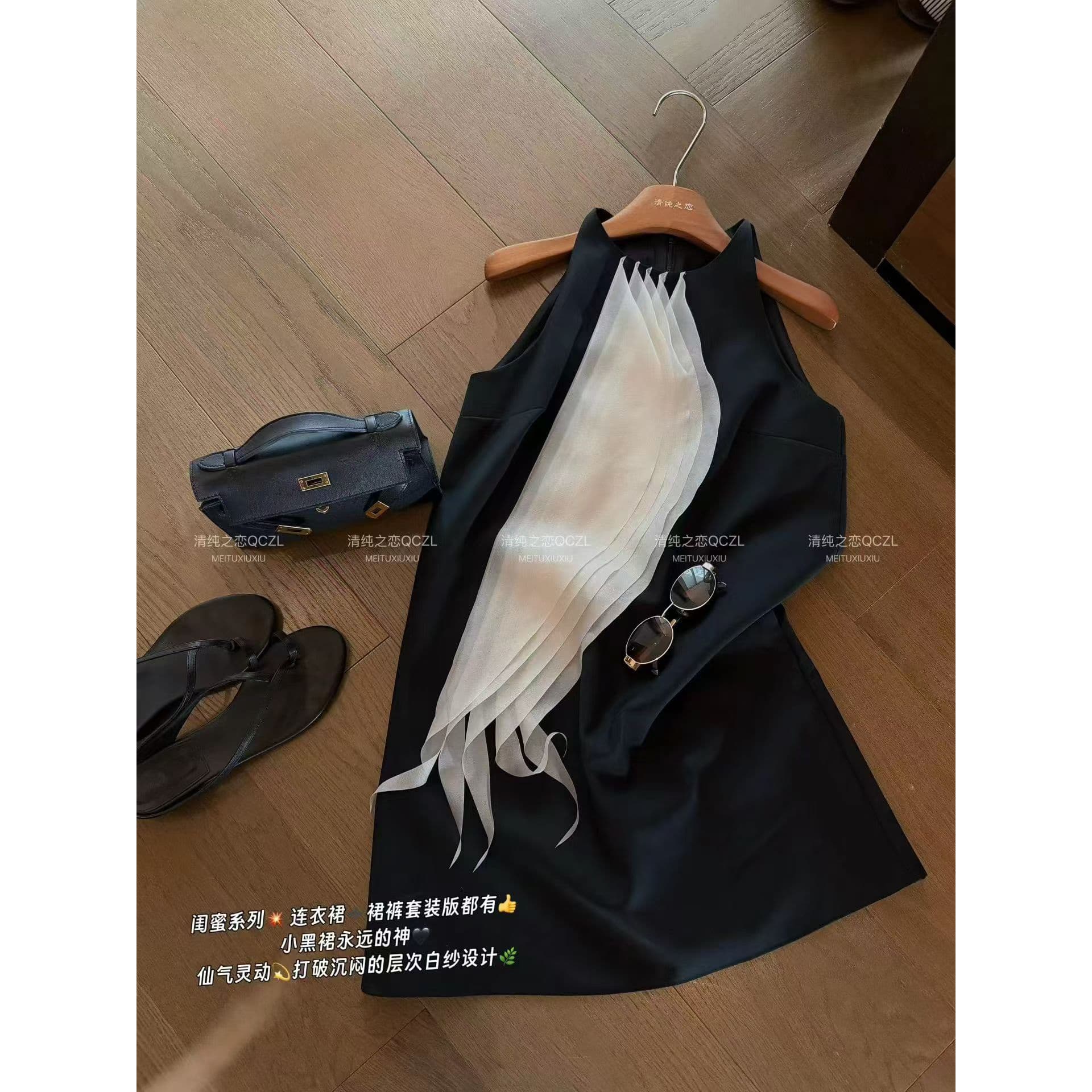 작은 대중 디자이너 흑인과 백인 배색 Tulle 패치워크 민소매 여성 드레스 중간 길이 한 마디 품격 슬림해 보이는 치마 이미지 5