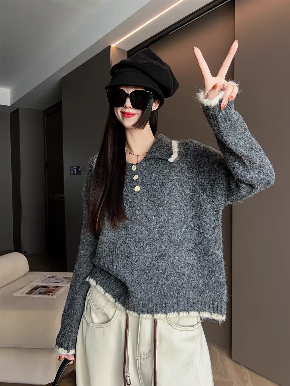 누락 된 레트로 풀오버 니트 스웨터 여성 느긋한 느슨함 센스 스웨터 가을 겨울 2026 새로운 루즈핏 맨위 상세 이미지 1