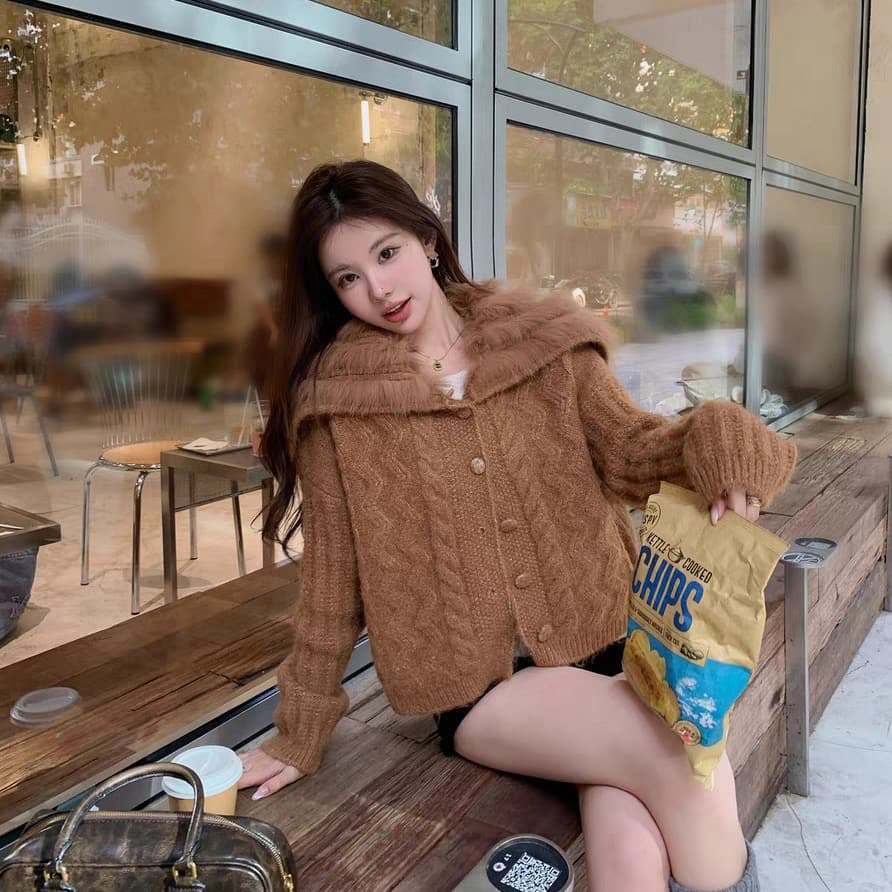 한 여성 천 골드 양모 여우털 빅 칼라 스웨터 니트 스웨터 여성 해군 칼라 쇼트 스타일 재킷 26 새로운 상세 이미지 2