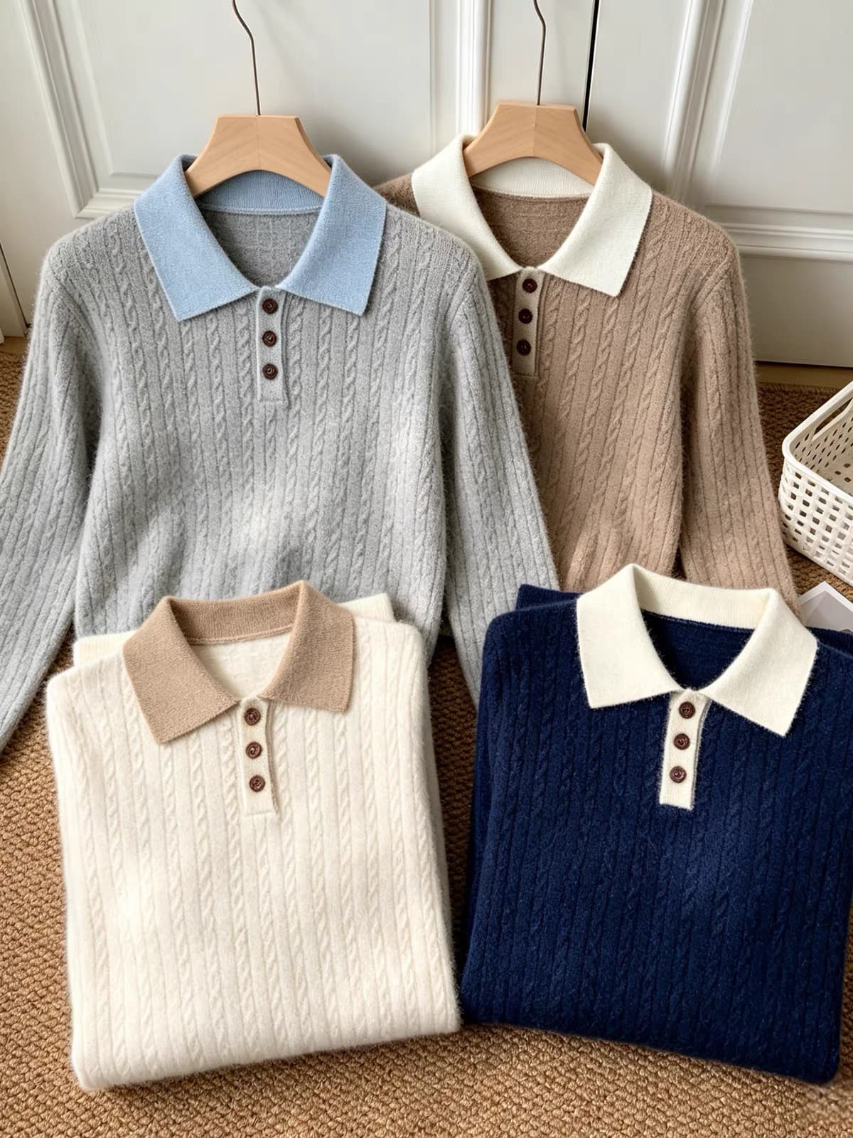 한 부서 미니멀리즘 패치워크 색상 POLO 칼라 꽈배기 풀오버 니트 스웨터 캐주얼 다용도 루즈핏 슬림해 보이는 프로 피부 센스 맨위 이미지 2