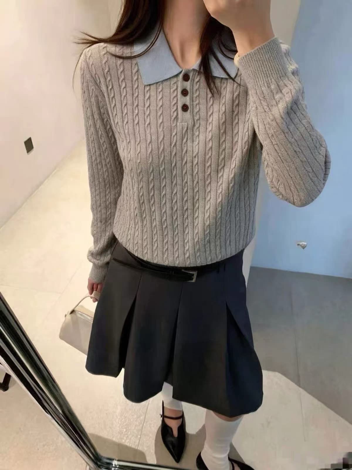 한 부서 미니멀리즘 패치워크 색상 POLO 칼라 꽈배기 풀오버 니트 스웨터 캐주얼 다용도 루즈핏 슬림해 보이는 프로 피부 센스 맨위 상세 이미지 4
