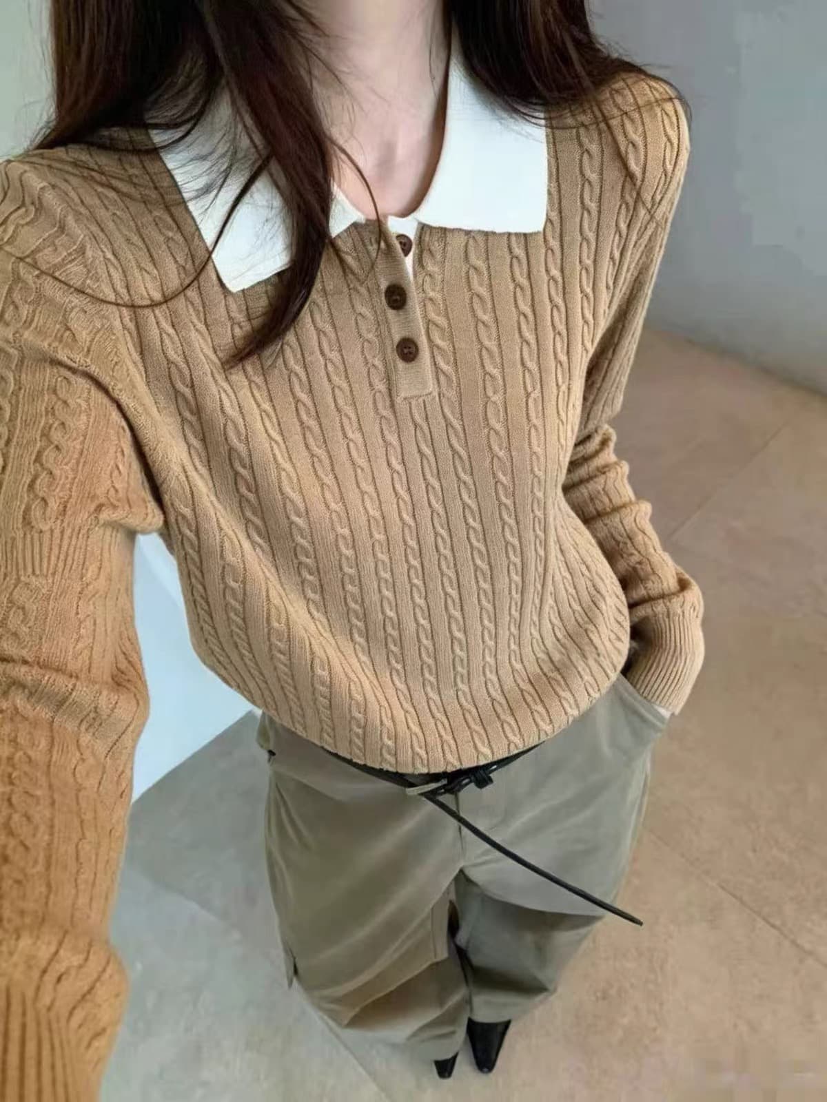 한 부서 미니멀리즘 패치워크 색상 POLO 칼라 꽈배기 풀오버 니트 스웨터 캐주얼 다용도 루즈핏 슬림해 보이는 프로 피부 센스 맨위 상세 이미지 6