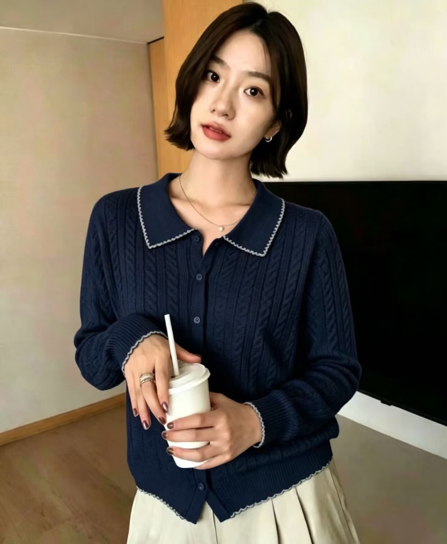 한국 스타일 부드러운 POLO 칼라 배색 긴팔 니트 스웨터 여성 루즈핏 오픈 가디건 연령 감소 프로 피부 맨위 여성 이미지 2