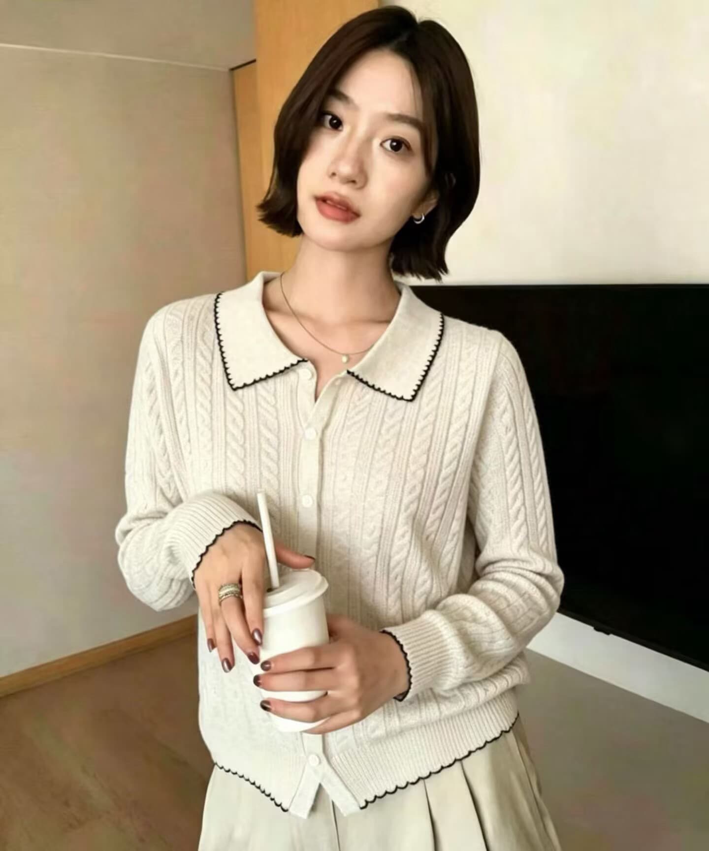 한국 스타일 부드러운 POLO 칼라 배색 긴팔 니트 스웨터 여성 루즈핏 오픈 가디건 연령 감소 프로 피부 맨위 여성 이미지 3
