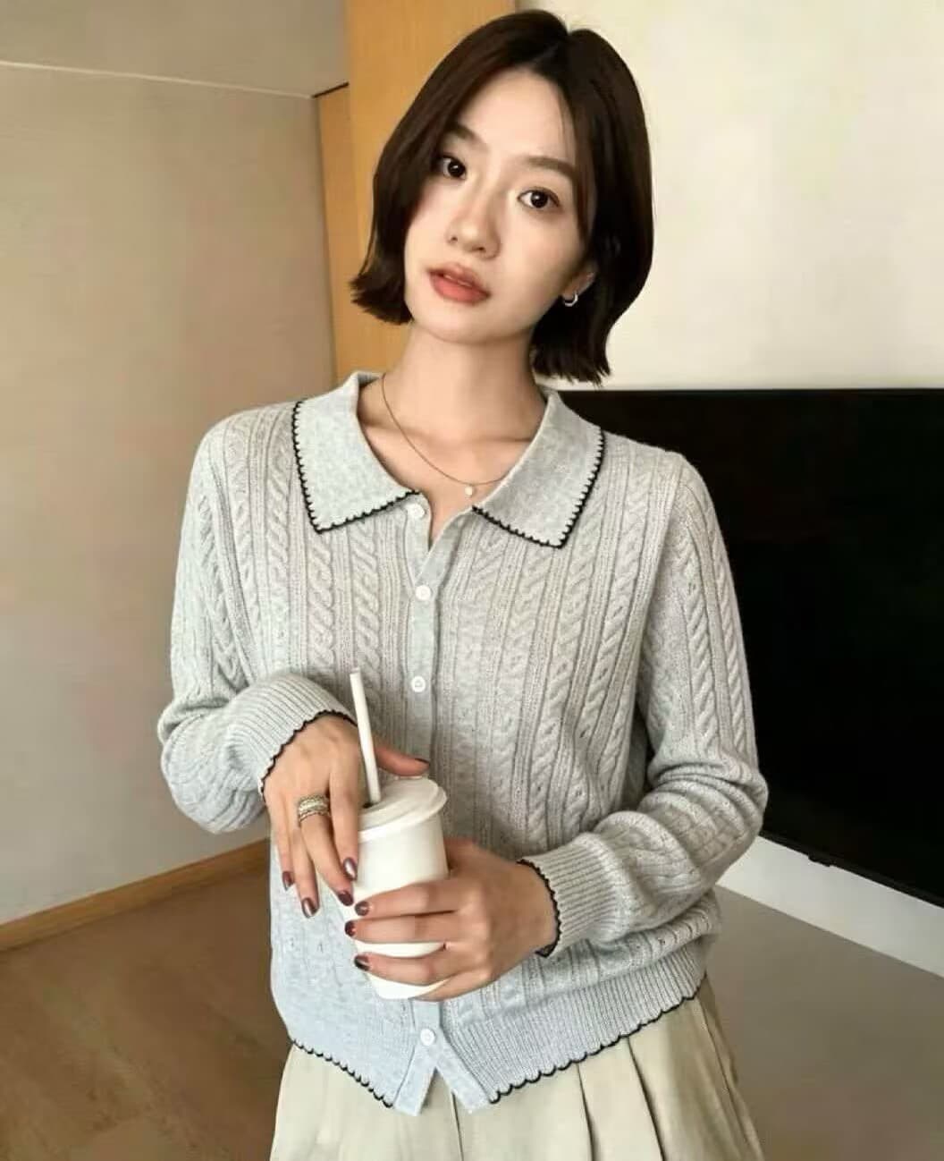 한국 스타일 부드러운 POLO 칼라 배색 긴팔 니트 스웨터 여성 루즈핏 오픈 가디건 연령 감소 프로 피부 맨위 여성 상세 이미지 1