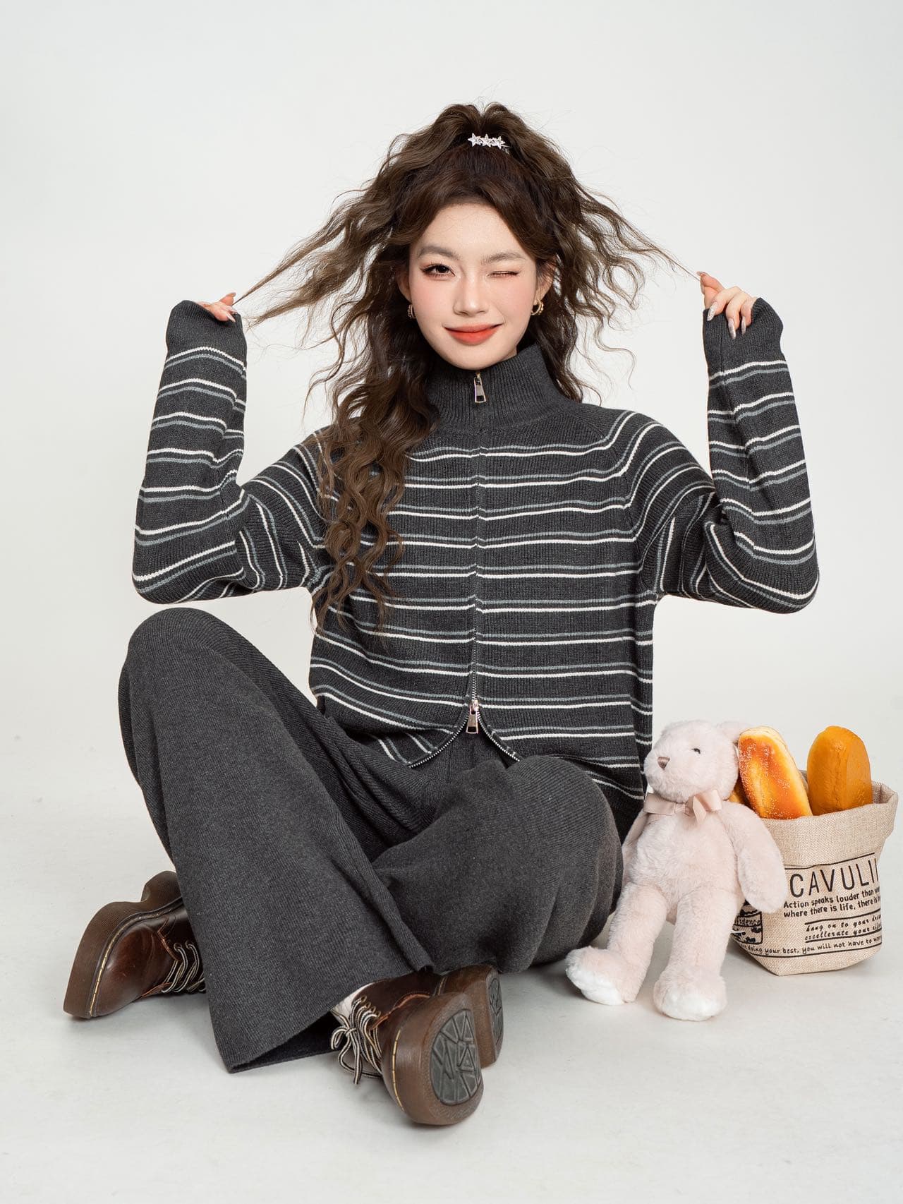 실사 한 부서 스트라이프 연령 감소 니트 패키지 코어 실 오픈 가디건 학원 스타일 지퍼 폴로 칼라 스웨터 코트 바지