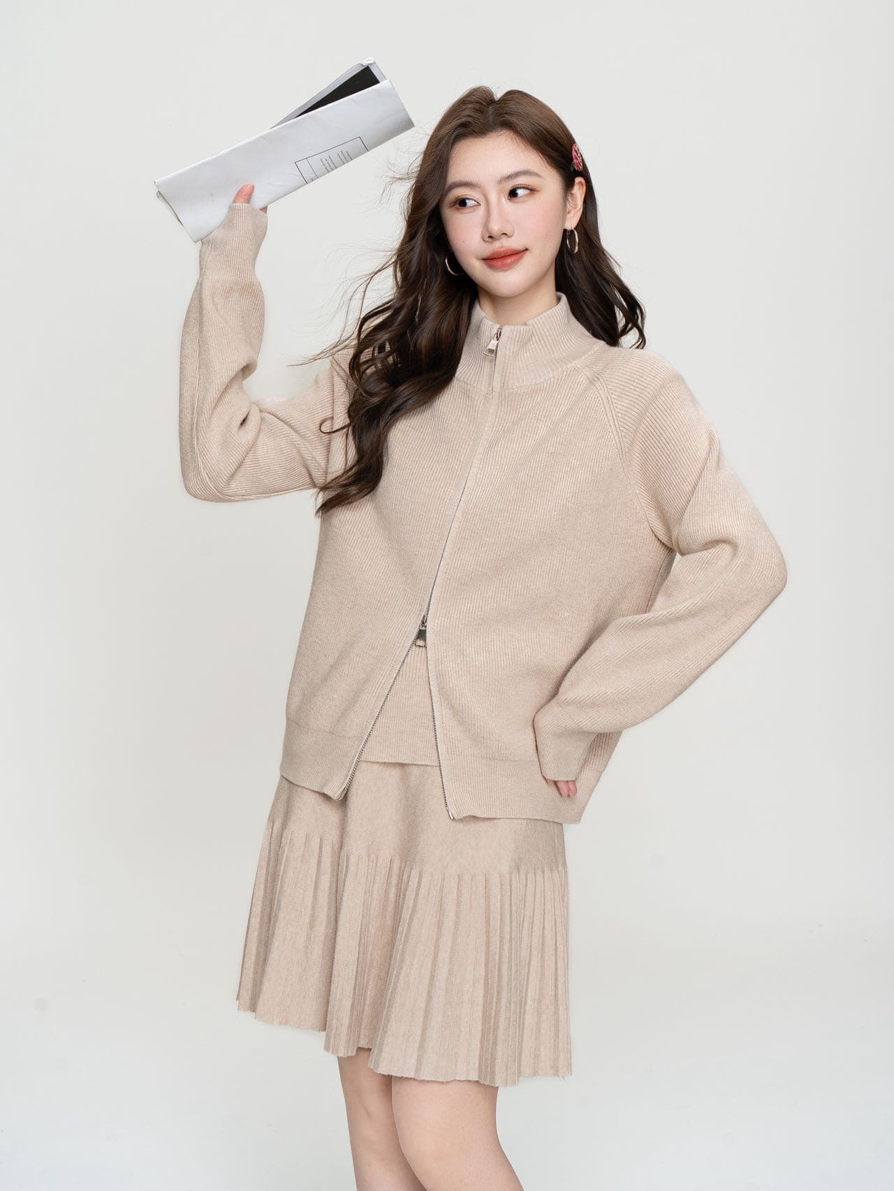 실사 가을 새로운 달콤함 스웨터 코트 반신 스커트 패션 품격 플리츠 스커트 니트 투피스 세트 상세 이미지 5