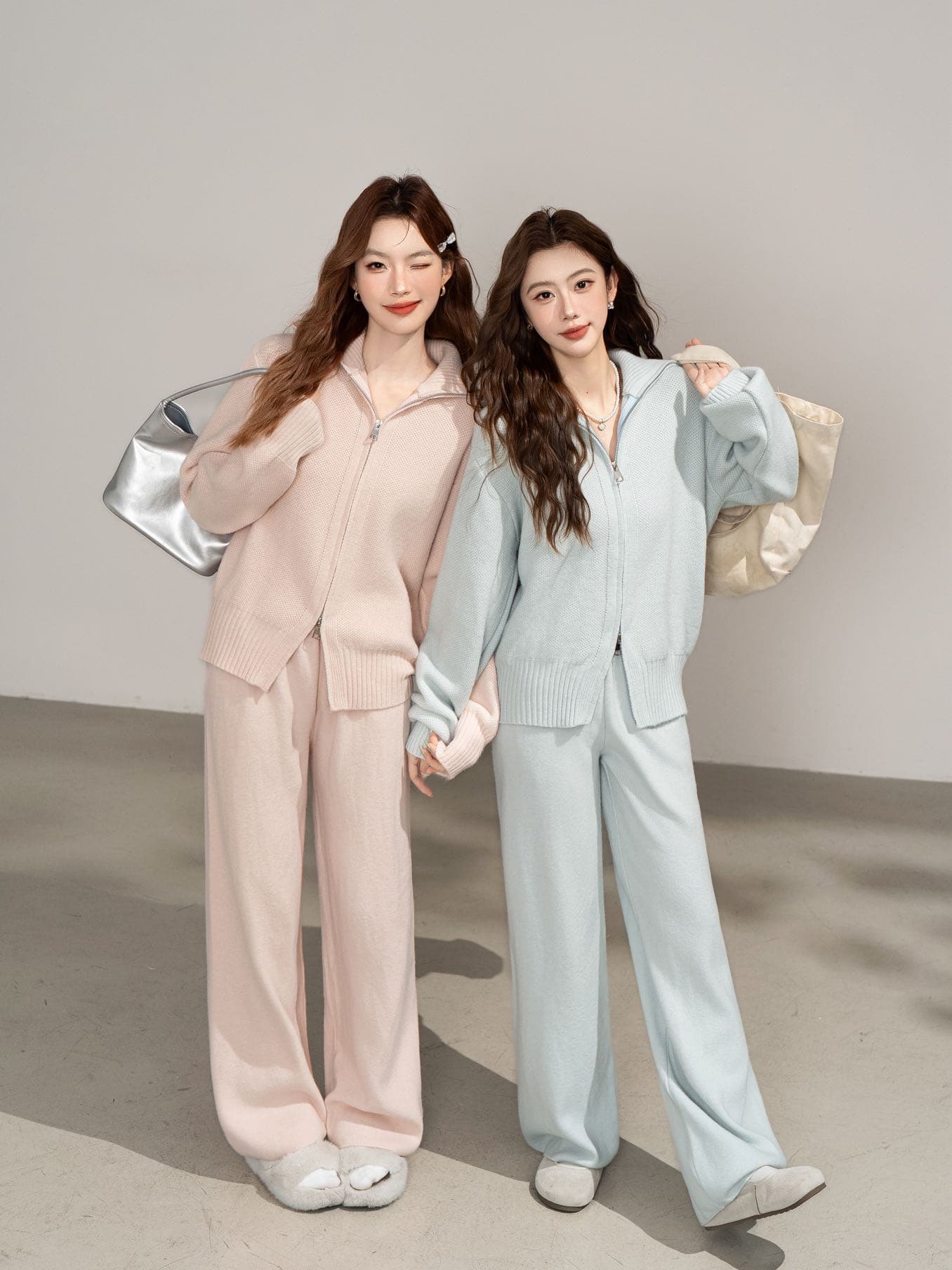 실사 느긋한 뜨거운 더블 머리 지퍼 후드 니트 오픈 가디건 와이드 레그 팬츠 겨울 패션 출퇴근 스웨터 투피스 세트 이미지 2