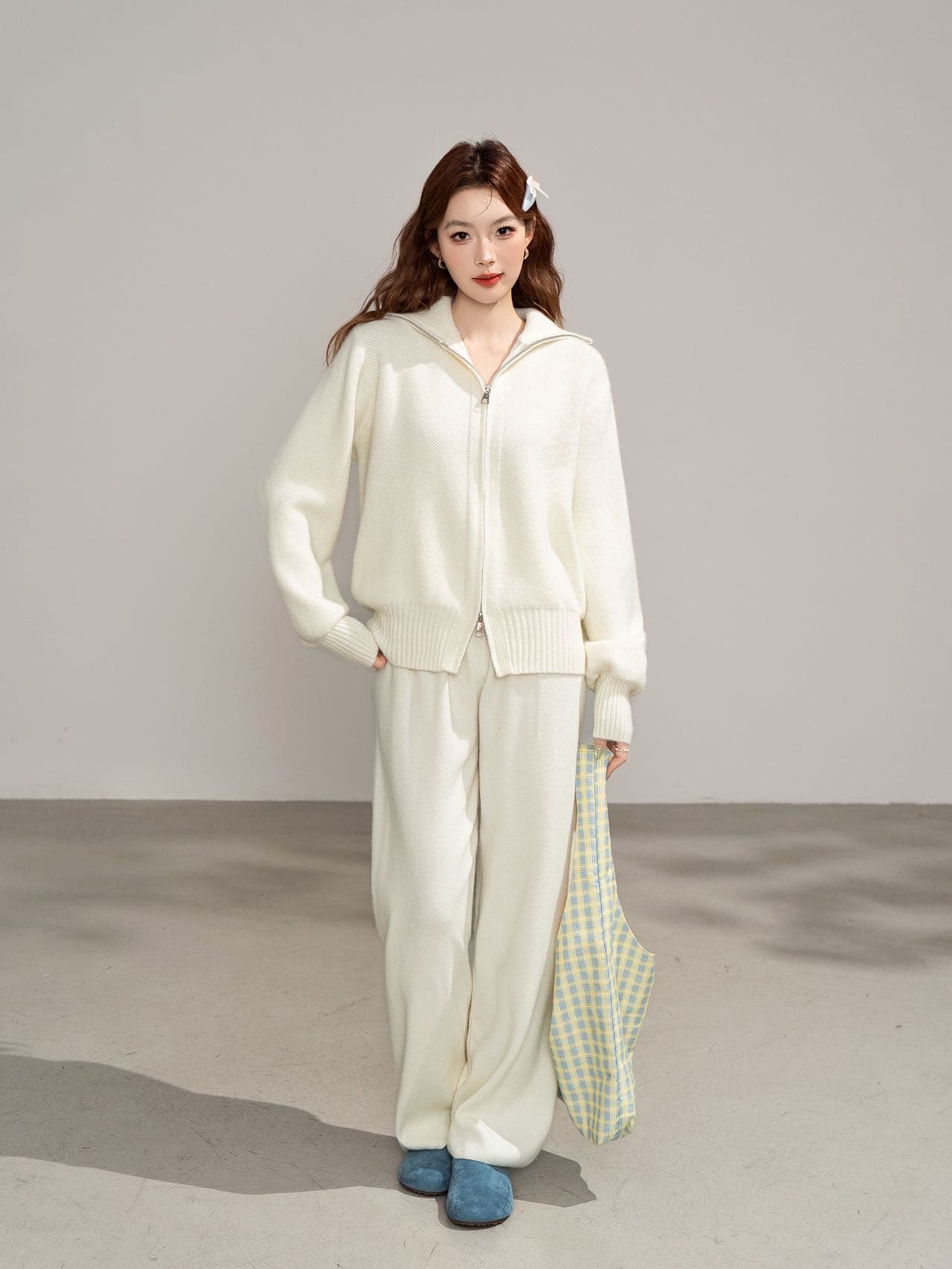 실사 느긋한 뜨거운 더블 머리 지퍼 후드 니트 오픈 가디건 와이드 레그 팬츠 겨울 패션 출퇴근 스웨터 투피스 세트 상세 이미지 6