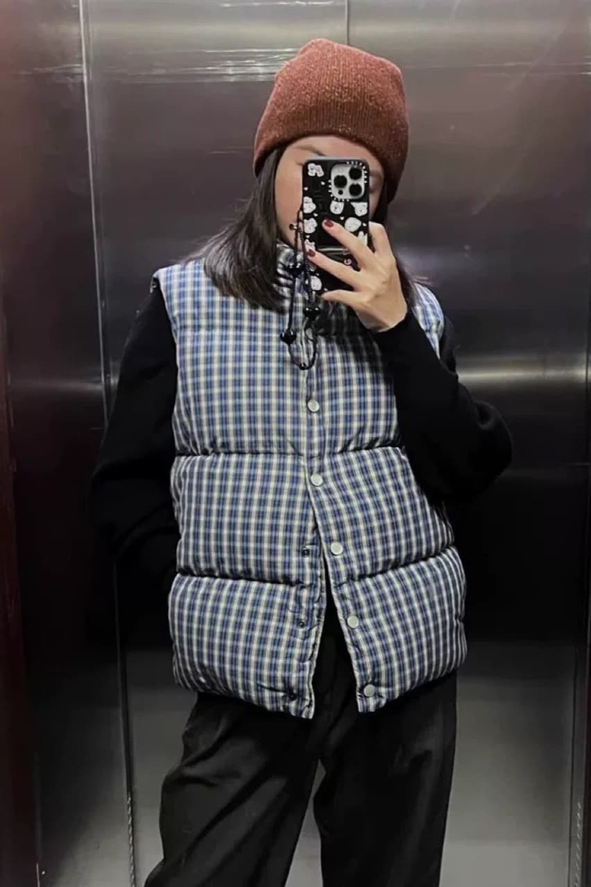 한 부서 고급 센스 파란색 체크무늬 다운 코트 조끼 여자 겨울 두꺼운 외출용 빵 목화 진딧물 재킷 맨위 이미지 2