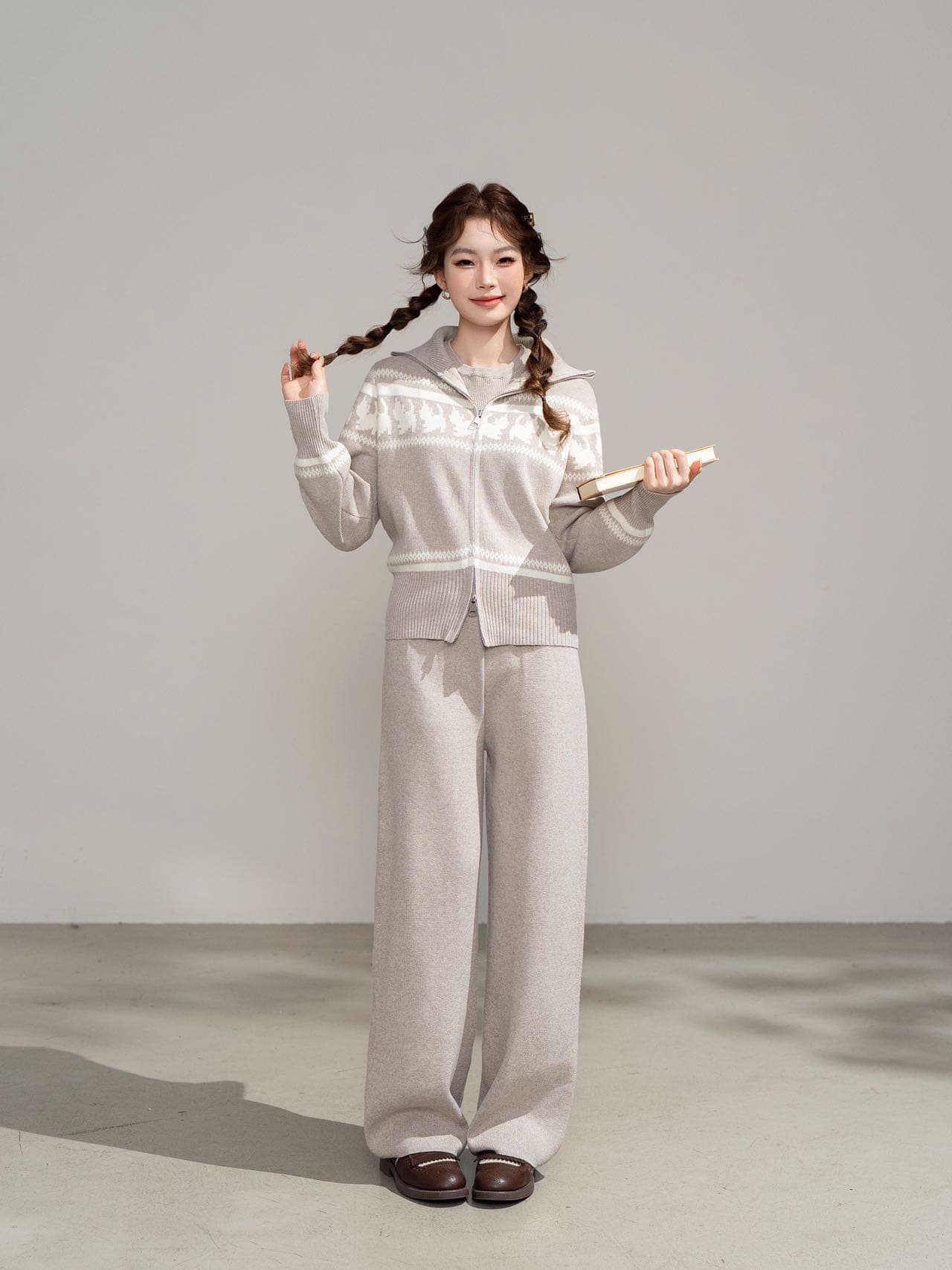 실사 한 부서 검정색 자카드 니트 맨위 바지 가을 새로운 폭발 chic 품격 긴팔 오픈 가디건 상세 이미지 1