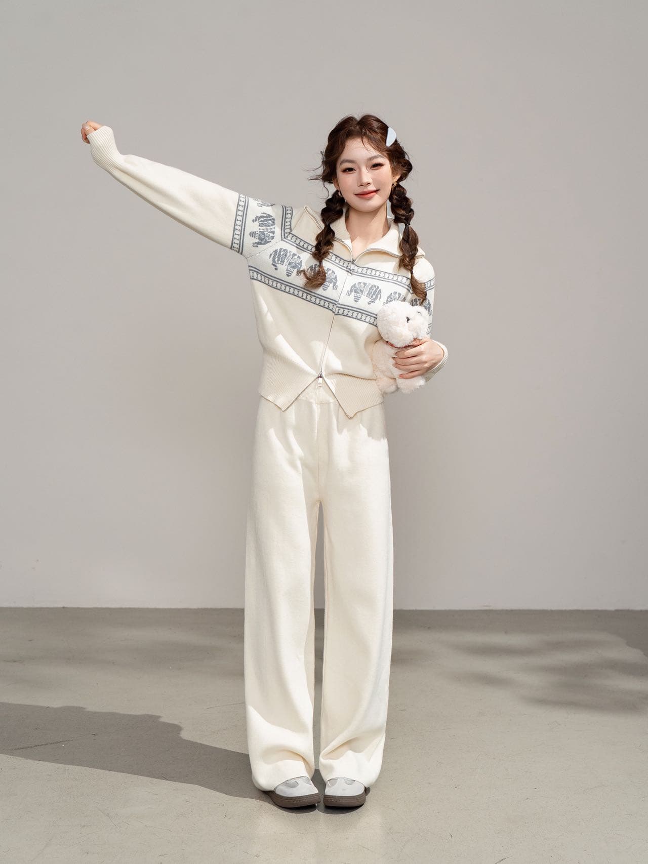 실사 가을 의상 코디 전체 집합 miu 부서 착용 가져 가라. 작은 샤넬 스타일 패션 연령 감소 외국 가스 니트 바지 두 조각 상세 이미지 6