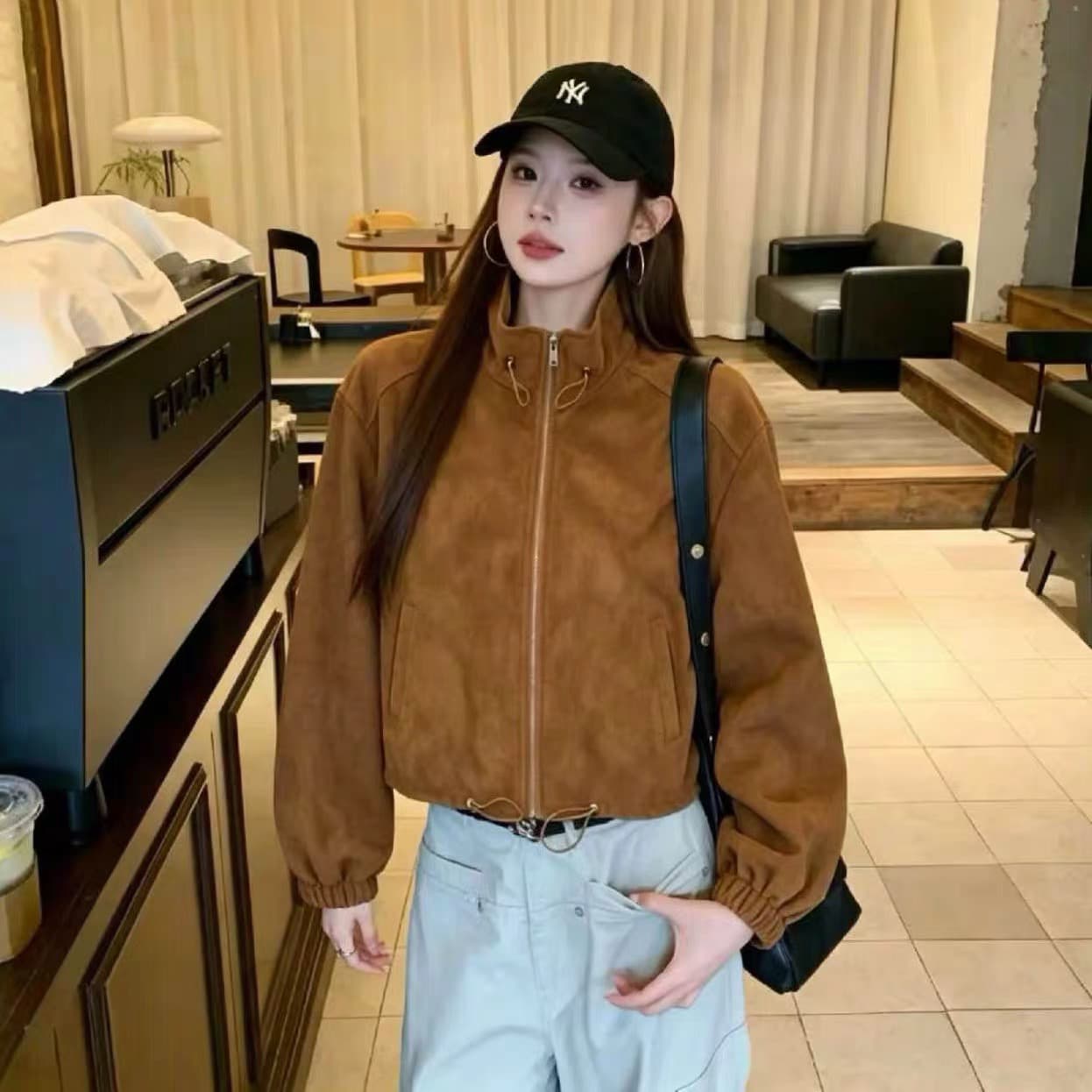 아메리칸 레트로 플러시 표면 펌프 로프 스탠드 칼라 재킷 가을 보온 새로운 작은 키 루즈핏 쇼트 스타일 재킷 맨위 상세 이미지 1