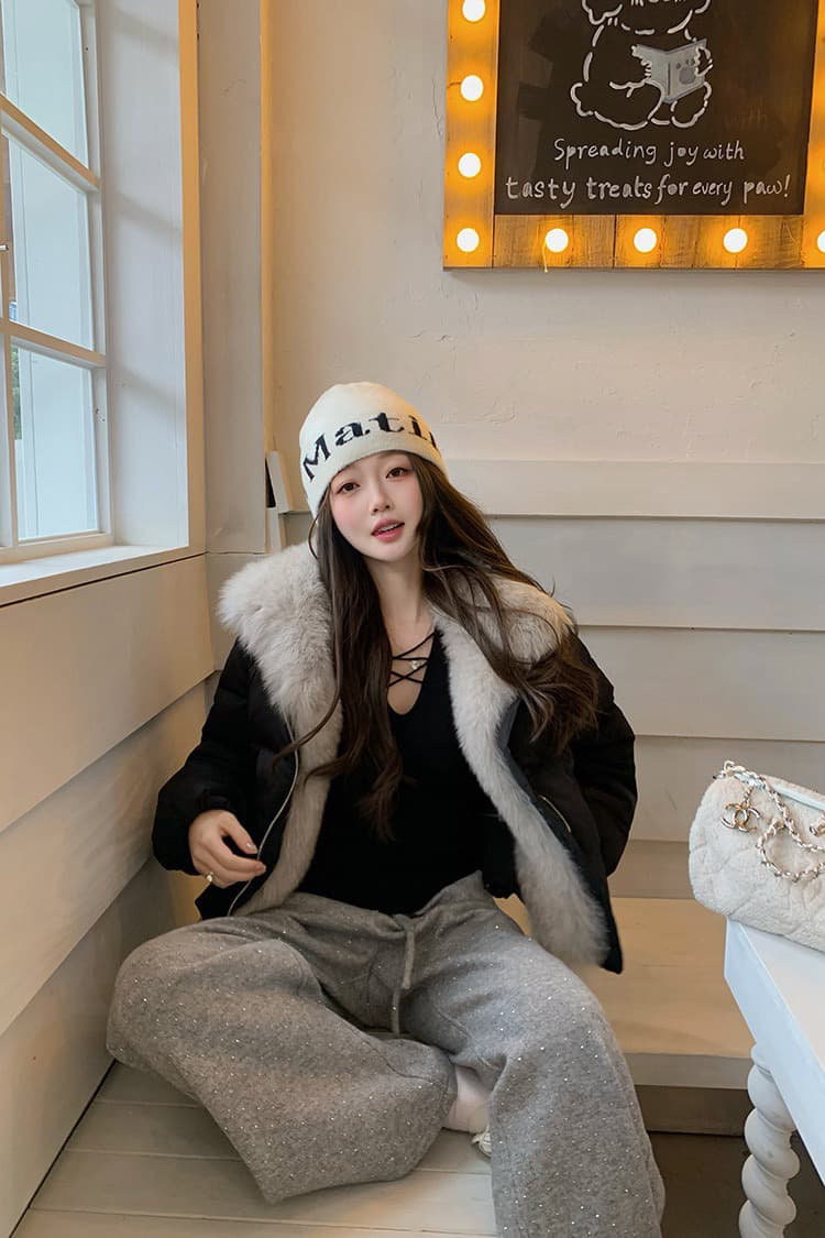 학원 패치워크 쇼트 스타일 아래 면화 의류 여성 모방 여우 모피 칼라 루즈핏 두꺼운 작은 키 한국 스타일 빵 외투 상세 이미지 10