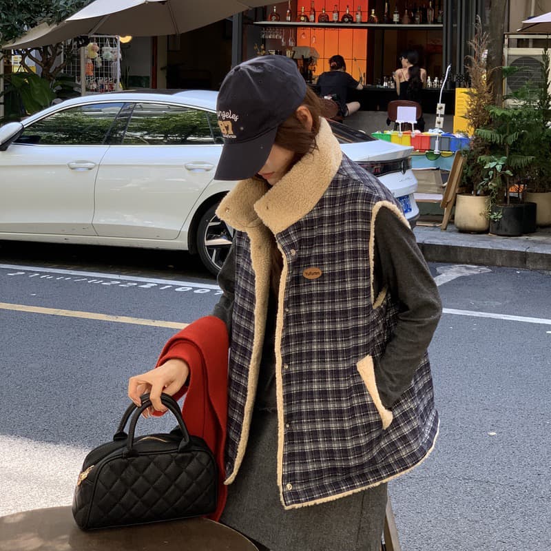 실사 아메리칸 디자인 센스 양면 착용 체크무늬 플리스 면 옷 베스트 가을 겨울 루즈핏 캐주얼 보온 상세 이미지 2