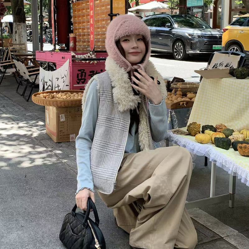 실사 가을 겨울 새로운 양면 착용 천 그리드 버드 폴로 칼라 플리스 면 옷 베스트 조끼 여성 짧은 보온 한 부서 외부 이미지 4
