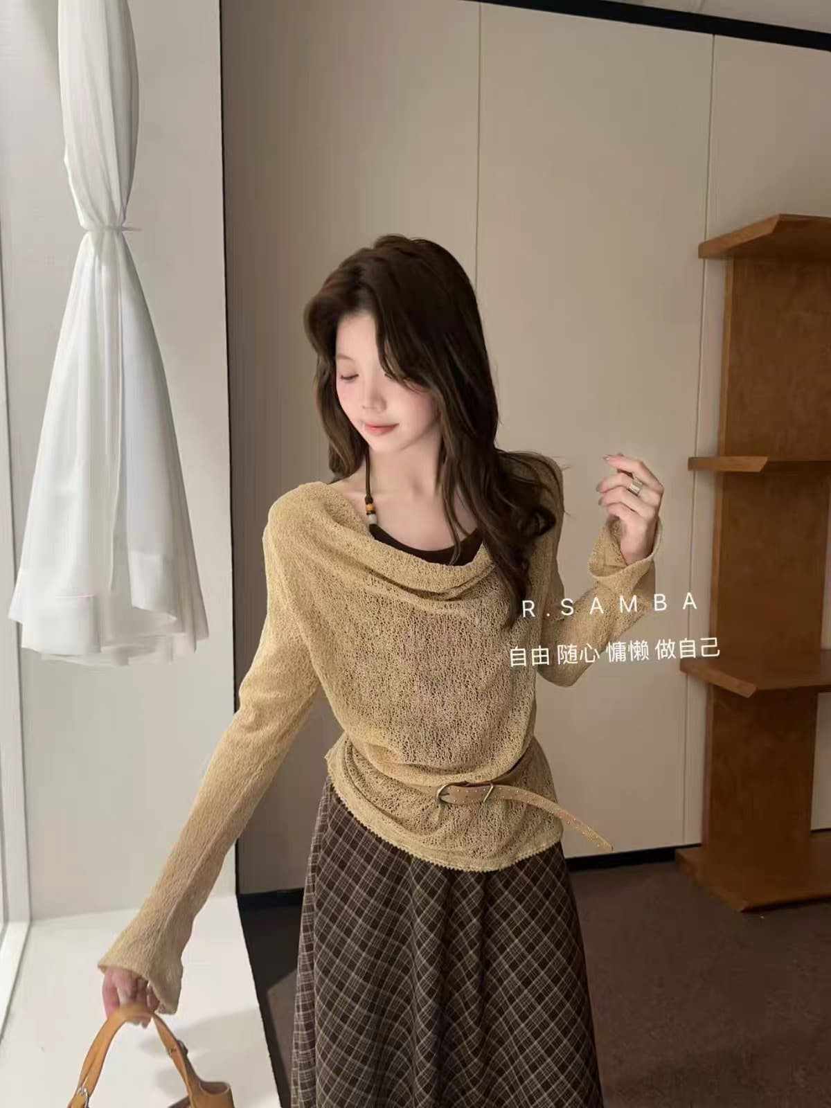 품격 흔들다 칼라 홀로우 아웃 긴팔 페이크 레이어드 니트 블라우스 여성 이른 가을 캐주얼 다용도 통기성 맨위 셔츠