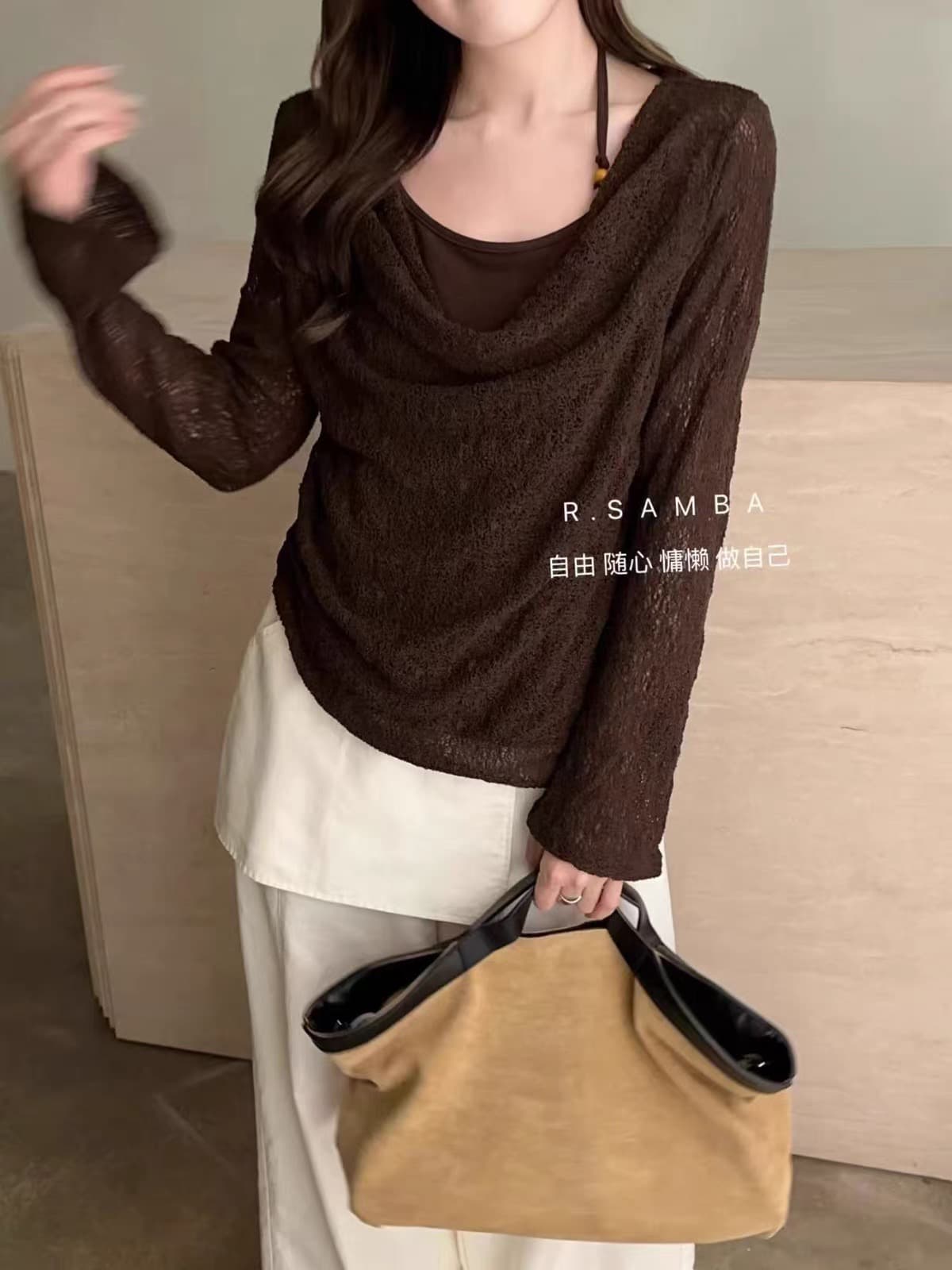 품격 흔들다 칼라 홀로우 아웃 긴팔 페이크 레이어드 니트 블라우스 여성 이른 가을 캐주얼 다용도 통기성 맨위 셔츠 상세 이미지 9