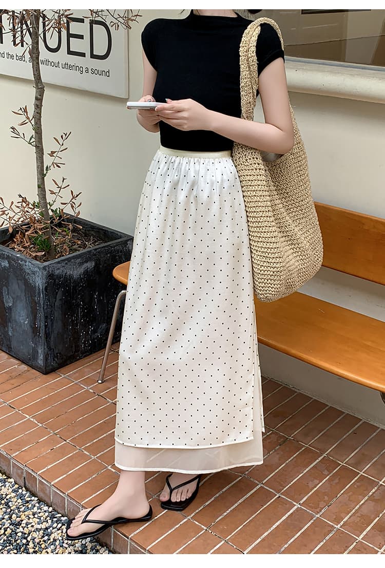2026 봄 여름 새로운 도트 아세트산 프랑스식 새틴 깃발 질감 한 마디 도트 무늬 프린트 스트레이트 반신 스커트 여성 상세 이미지 13