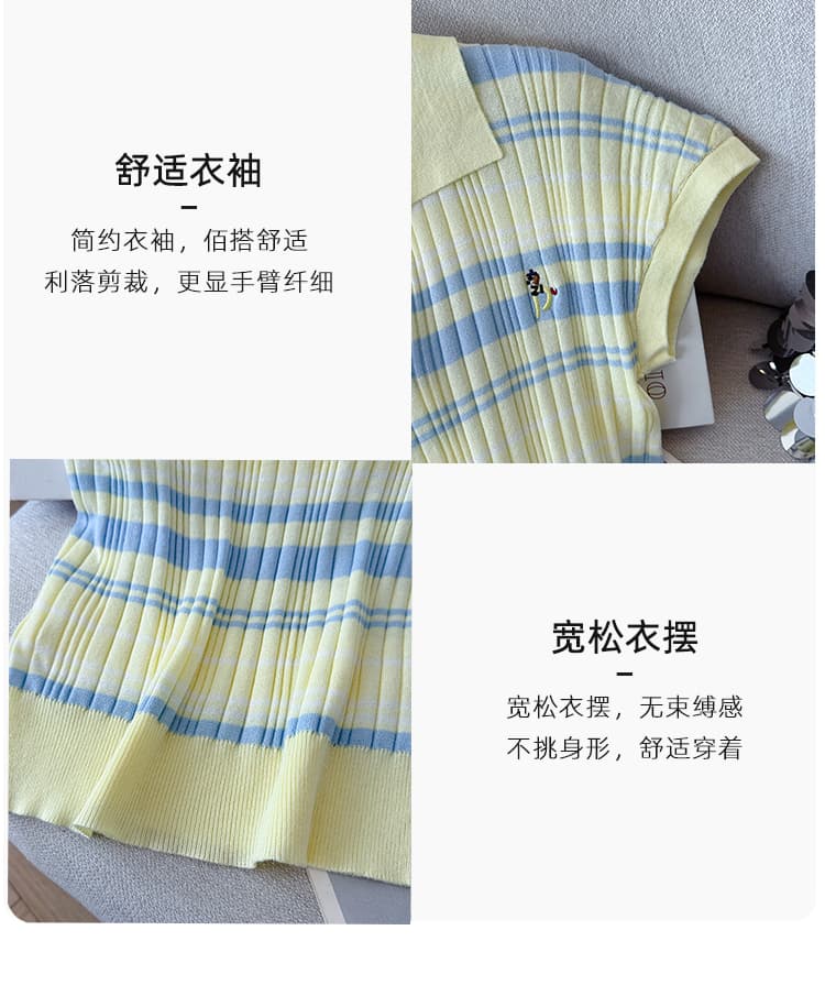 학원 스타일 폴로 칼라 항공기 소매 디자인 센스 한 부서 몸매 가꾸기 얼음 실크 티셔츠 아마 자수 니트 스웨터 맨위 여성 여름 상세 이미지 6