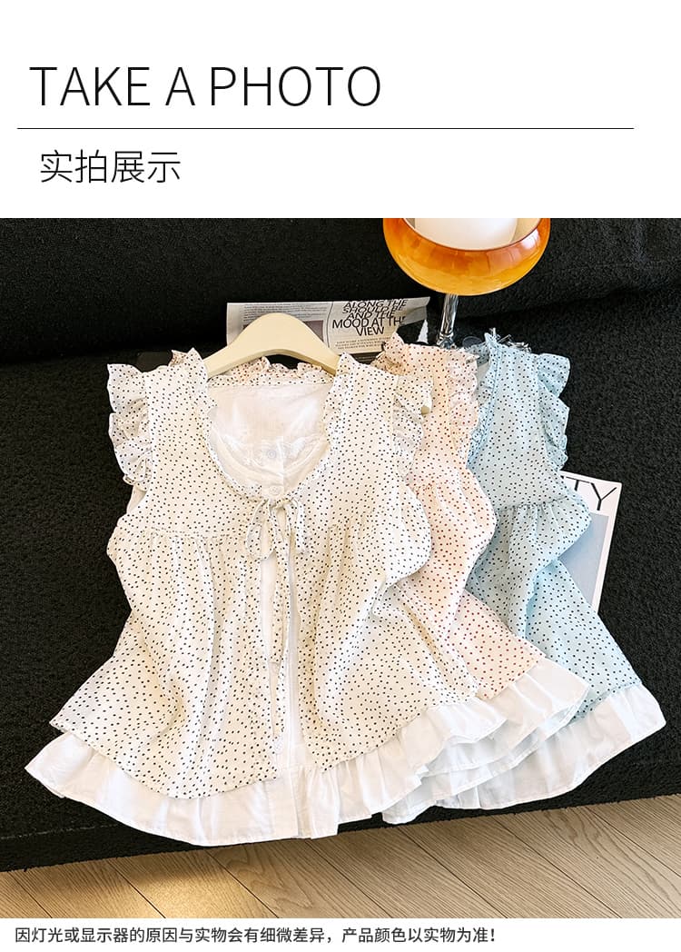 2026 여름 새로운 한 부서 달콤함 도트 무늬 가짜 2 피스 슈트 맨위 여성 레이스업 프릴 레이스 부드러운 바람 상세 이미지 9
