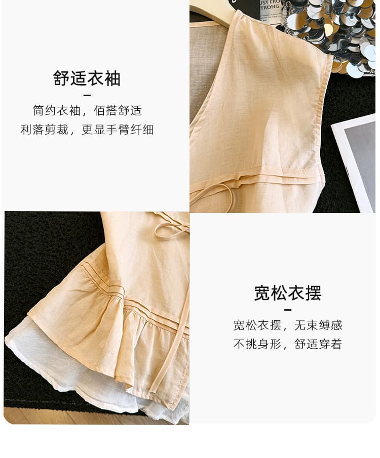 2026 여름 새로운 한 부서 V넥 달콤함 라미 페이크 레이어드 민소매 맨위 여성 레이스업 나비 매듭 부드러운 바람 상세 이미지 6