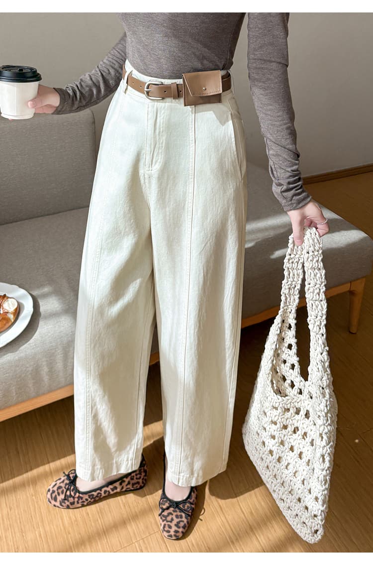 2026 가을 의상 주간 실크 코튼 하이웨이스트 슬림해 보이는 디자인 센스 하이웨이스트 긴 바지 루즈핏 넓은 다리 스트레이트 9 포인트 캐주얼 바지 여성 상세 이미지 12