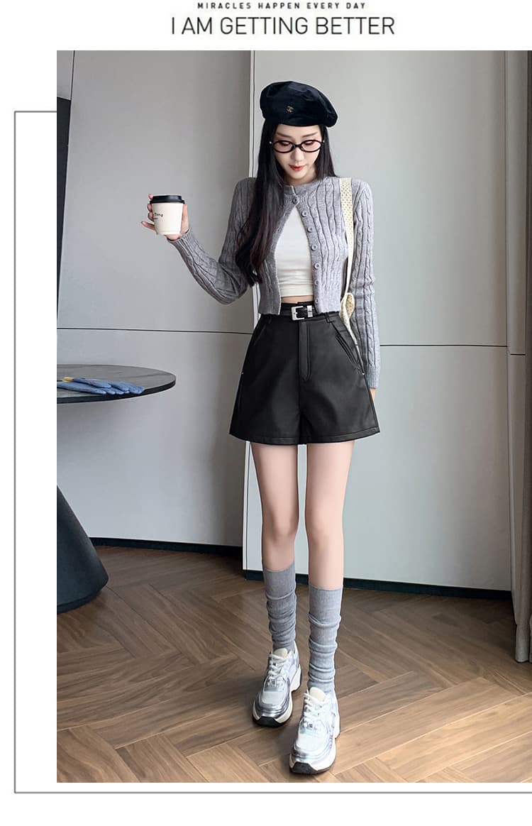 가죽 반바지 여성 2026 가을 겨울 새로운 하이웨이스트 한 마디 넓은 다리 만나는 부츠 팬츠 pu 가죽 바지 부츠 바지 외출용 상세 이미지 9