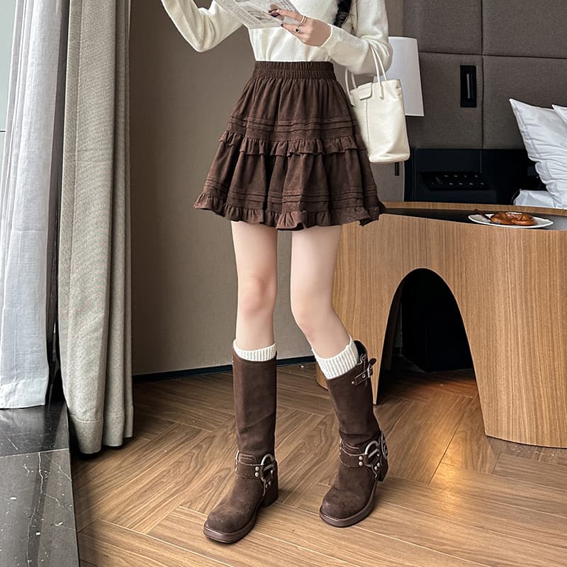 2026 가을과 겨울 발레 바람 스웨이드 원단 달콤함 케이크 반신 스커트 A라인 스커트 퍼프 목이버섯 플리츠 미니 스커트 여성 이미지 5