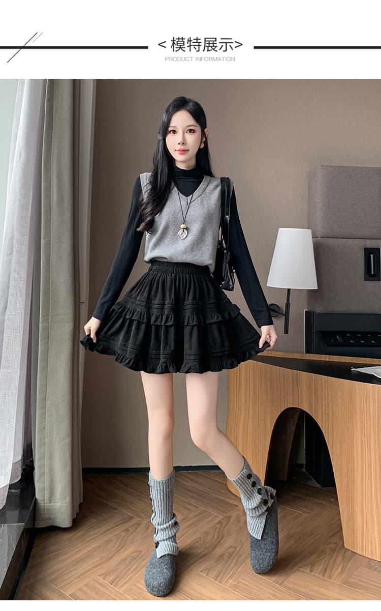 2026 가을과 겨울 발레 바람 스웨이드 원단 달콤함 케이크 반신 스커트 A라인 스커트 퍼프 목이버섯 플리츠 미니 스커트 여성 상세 이미지 10