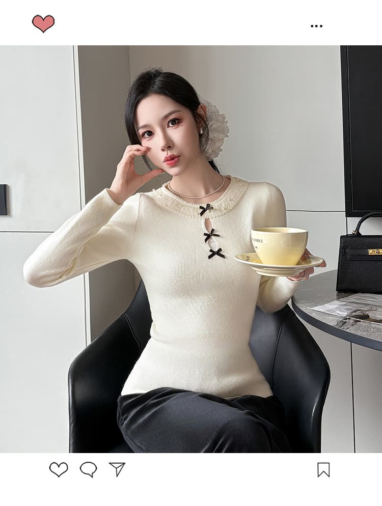 2026 가을 겨울 라운드 넥 무거운 작업 레이스 측면 무거운 작업 비즈 박기 두꺼운 만나는 니트 스웨터 여성 디자인 센스 긴팔 맨위 상세 이미지 1