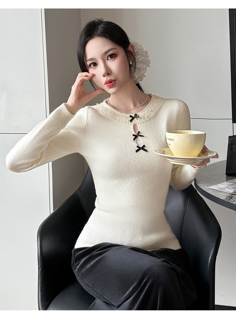 2026 가을 겨울 라운드 넥 무거운 작업 레이스 측면 무거운 작업 비즈 박기 두꺼운 만나는 니트 스웨터 여성 디자인 센스 긴팔 맨위 상세 이미지 12