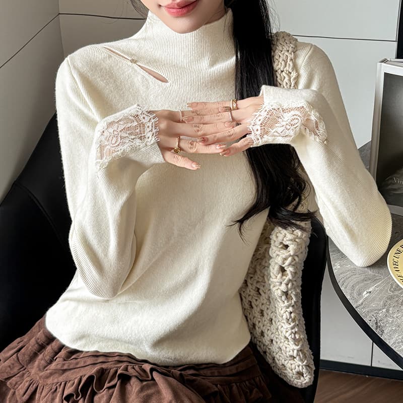 2026 가을 겨울 레이스 레이스 긴팔 스웨터 홀로우 아웃 한국 스타일 니트 스웨터 여성 작은 터틀넥 기본 셔츠 인사이드 가져 가라. 외출용 이미지 2