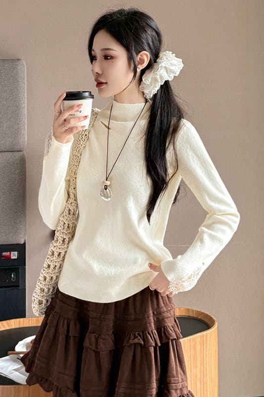 2026 가을 겨울 레이스 레이스 긴팔 스웨터 홀로우 아웃 한국 스타일 니트 스웨터 여성 작은 터틀넥 기본 셔츠 인사이드 가져 가라. 외출용 이미지 7
