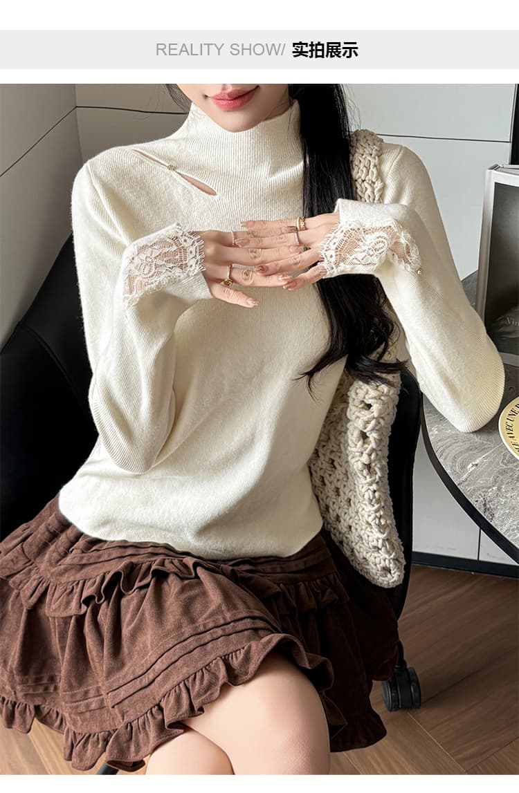 2026 가을 겨울 레이스 레이스 긴팔 스웨터 홀로우 아웃 한국 스타일 니트 스웨터 여성 작은 터틀넥 기본 셔츠 인사이드 가져 가라. 외출용 상세 이미지 4