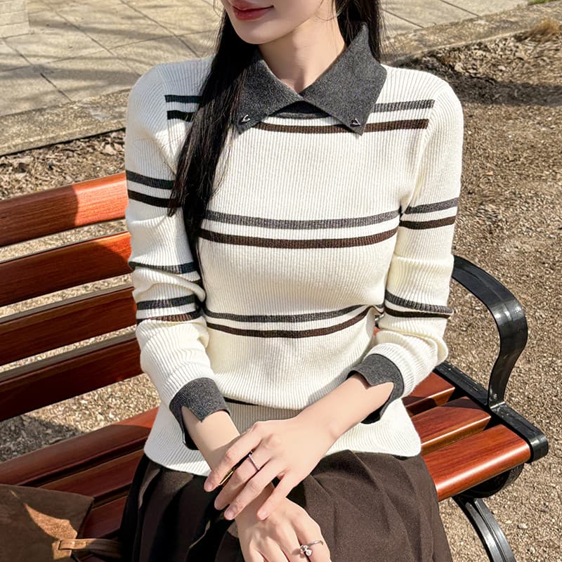 2026 가을 겨울 새로운 스웨터 POLO 칼라 풀오버 스트라이프 니트 스웨터 여성 폴로 칼라 기본 셔츠 인사이드 가져 가라. 외출용