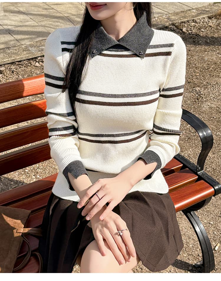2026 가을 겨울 새로운 스웨터 POLO 칼라 풀오버 스트라이프 니트 스웨터 여성 폴로 칼라 기본 셔츠 인사이드 가져 가라. 외출용 상세 이미지 13