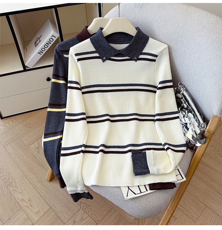2026 가을 겨울 새로운 스웨터 POLO 칼라 풀오버 스트라이프 니트 스웨터 여성 폴로 칼라 기본 셔츠 인사이드 가져 가라. 외출용 상세 이미지 18