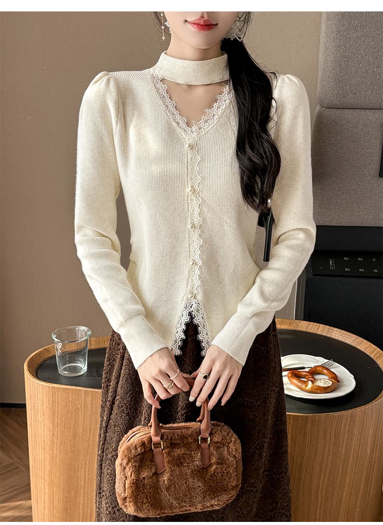 2026 가을 겨울 행침 목 레이스 측면 V넥 두꺼운 만나는 니트 스웨터 여성 디자인 센스 진주 단추 긴팔 맨위 상세 이미지 5