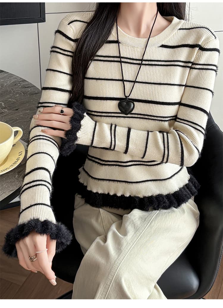 2026 가을 겨울 스웨터 라운드 넥 풀오버 플리스 프릴 니트 스웨터 여성 두꺼운 스트라이프 기본 셔츠 인사이드 가져 가라. 외출용 상세 이미지 9